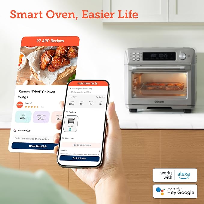 COSORI Air Fryer Toaster Oven Combo, Smart 12-in-1 Airfryer Sous Vide Convection Oven Countertop, Bake, Roast, Reheat, Broil, Dehydrate, 94 Recipes & 3 Accessories, 26QT, Silver