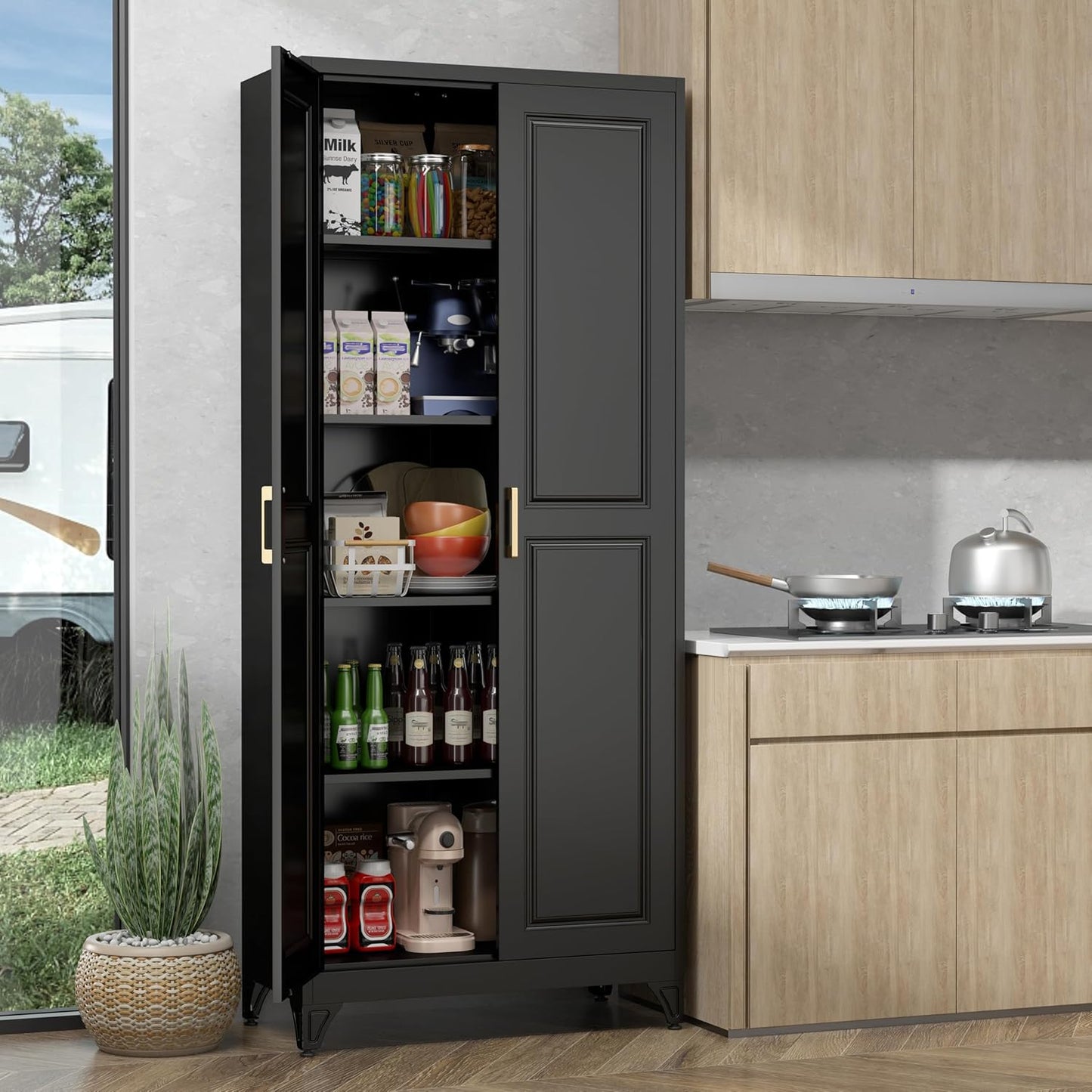 75" Storage Cabinet, Metal Pantry Cabinet, Kitchen Pantry Storage Cabinets with Doors and 4 Shelves, Cabinets for Laundry Room, Living Room, Dinning Room, Assembly Required, Black
