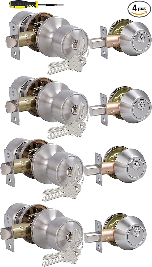 Lanwandeng 4 Sets Keyed Alike Entry Door Knobs and Single Cylinder Deadbolt Lock Combo Set Security for Entrance and Front Door, All Keyed Same Door Lock with Classic Satin Nickel Finish