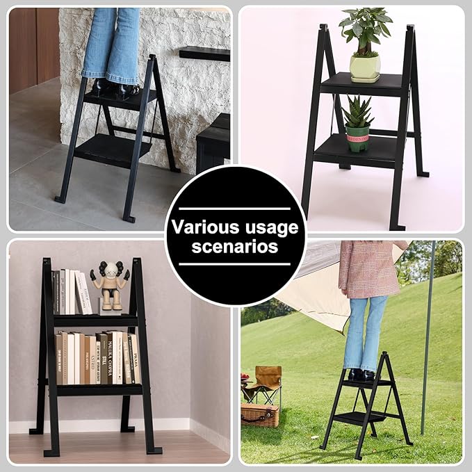 2 Step Ladder,Aluminum Ultra Thin Folding Step Stool,400 Lbs Capacity Heavy Duty with Anti-Slip Sturdy and Wide Tread,Closet Slim Step for Home,Kitchen and Office,Space Saving (Black, 2-Step)