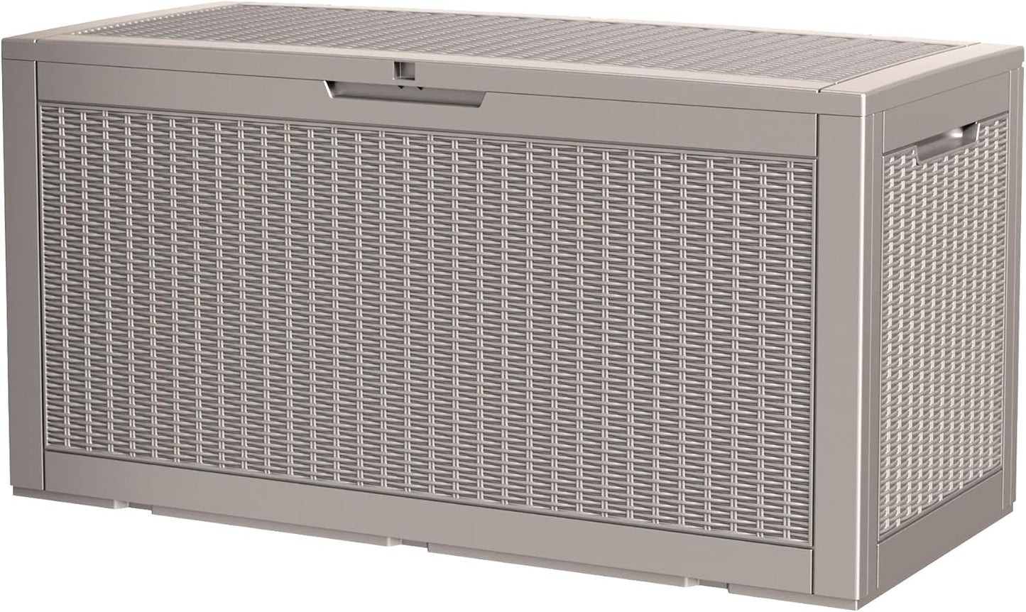 100 Gallon Storage Box, Waterproof Resin Deck Box with Hydraulic Piston Design, Lockable Storage Bench for Package Delivery, Storage Bin for Patio Cushions, Garden Tools, Grey