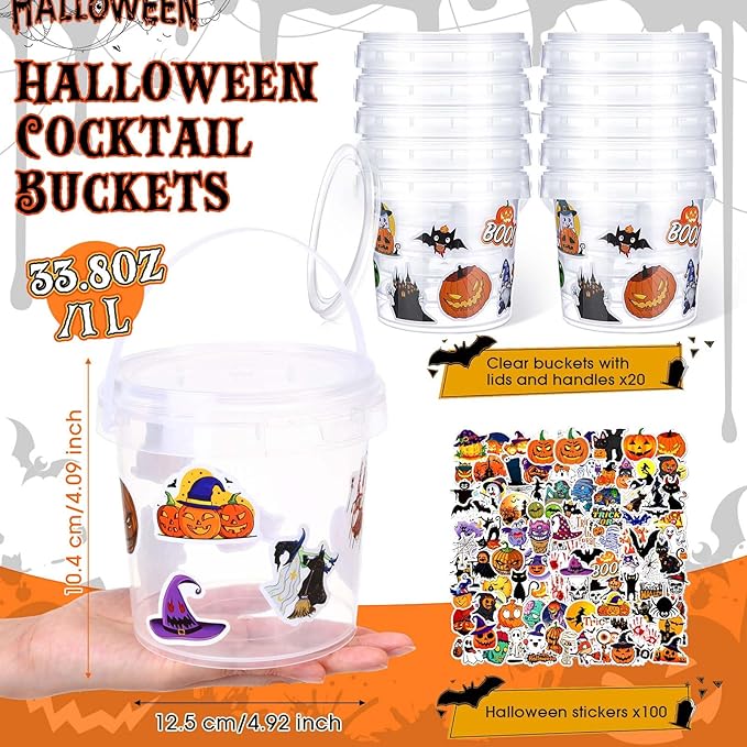 Sliner 20 Pcs 33.8 oz Clear Plastic Bucket with Lid and Handle and 100 Halloween Horror Stickers Halloween Trick or Treat Cocktail Rum Buckets for Drinks Food Storage Container Plastic Pail for Party