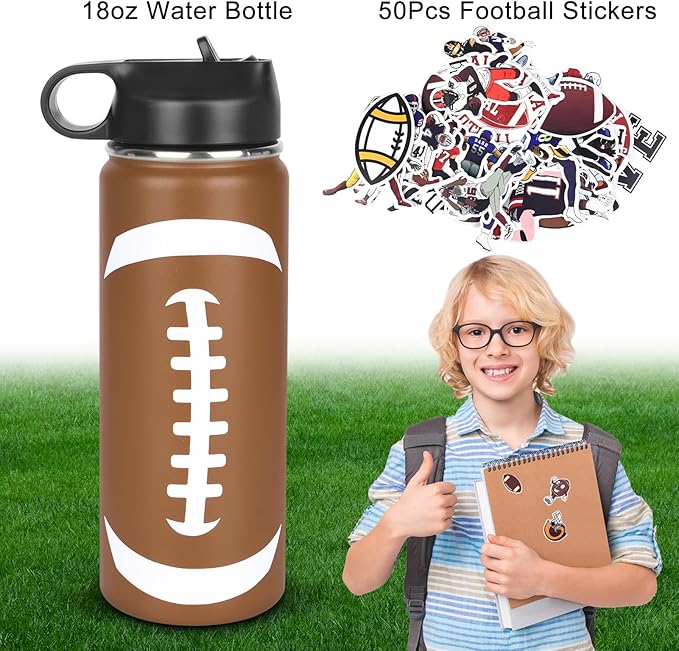 Football Gifts for Boys 6-8 8-12 12-14,Football Water Bottles and 50PCS Stickers Dirp Stuff for Kid Player Lovers(18OZ)