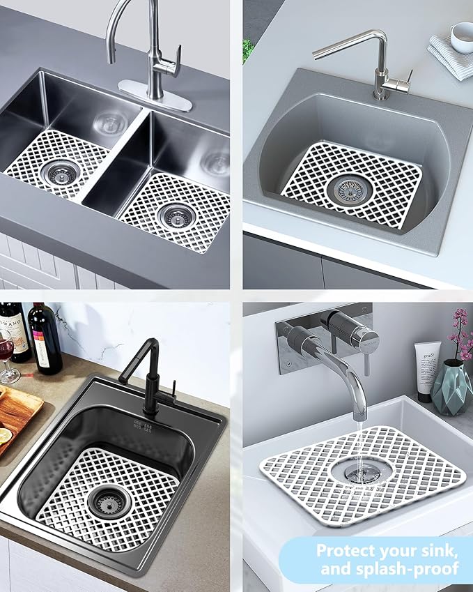 2 Pack Silicone Sink Protector for Kitchen Sink, Lozenge Pattern 12 x 11" Sink Grid Mat Silicone Protectors, Center Drain, White
