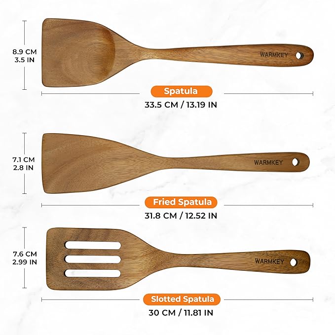 Acacia Wood Spatula Set of 3 - Natural Wooden Cooking Utensils for Nonstick Pans, Scratch-Proof & Heat Resistant, Sturdy & Lightweight Kitchen Tools with Hanging Holes