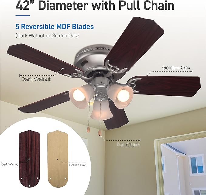 COMMERCIAL COOL 42” Contemporary Ceiling Fan with Lights, Cools up to 175 Sq. Ft., Ideal for Medium Sized Rooms, Equipped with Dual Chain, 5 Reversible Dual Finish Blades & Featuring 3 Air Flow Speeds