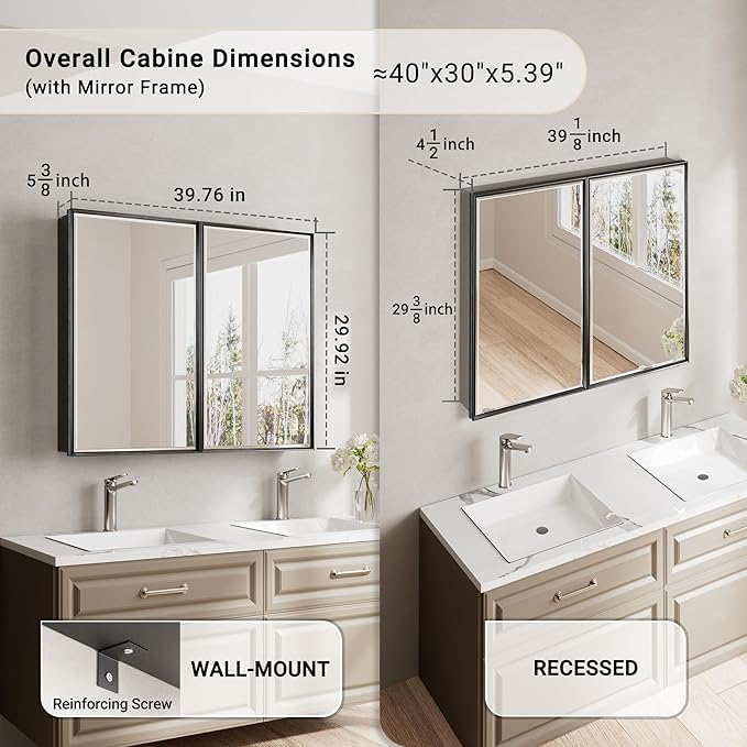 40x30 Inch Black Medicine Cabinet Mirror, Surface or Recessed Large Framed Medicine Cabinet with 2 Beveled Mirror Door & Adjustable Shelves,Shatterproof, Full-Assembled Storage Wall Cabinet