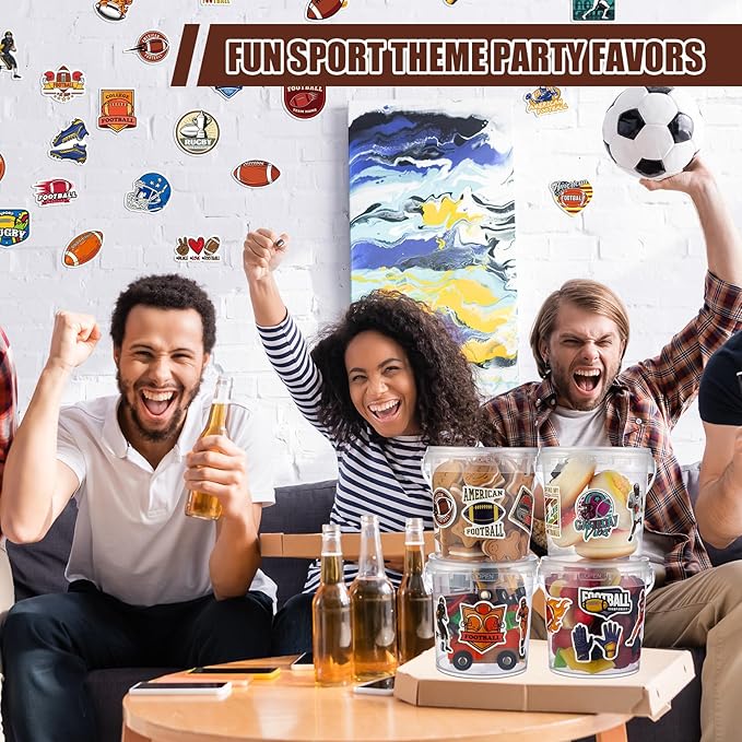 PerKoop 20 Pcs 32 oz Football Ice Cream Buckets with Lids and Handles Clear Cocktail Rum Buckets with 196 Stickers Plastic Transparent Tub Reusable Food Storage Containers for Parties