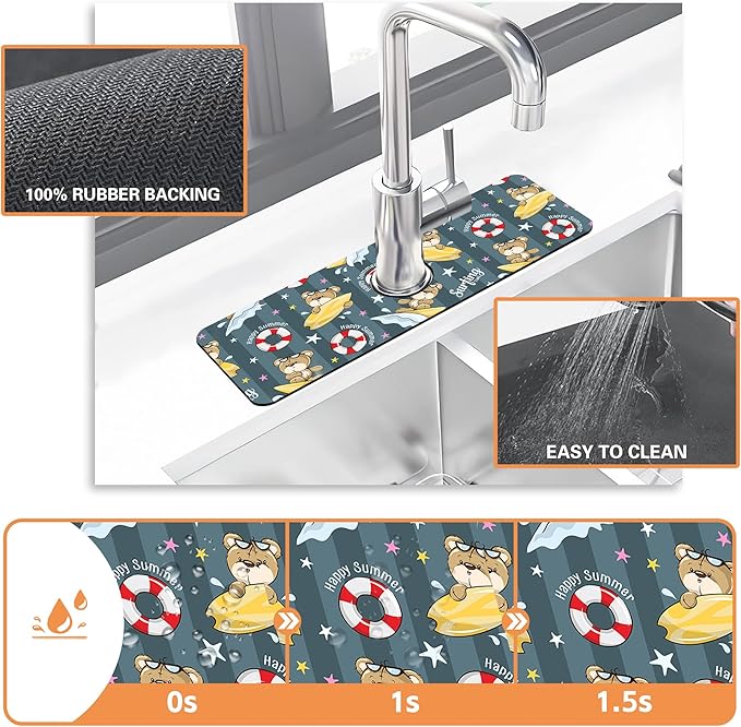 Kitchen Sink Splash Guard Faucet Mat Cartoon Bear Surfing Sink Splash Guard Behind Faucet,1 PC Soft Diatom Mud Non-Slip Mat-for Kitchen,Sink Mat,Dish Drying Mat,Bathroom Faucet Mat 15.5"X5.5"