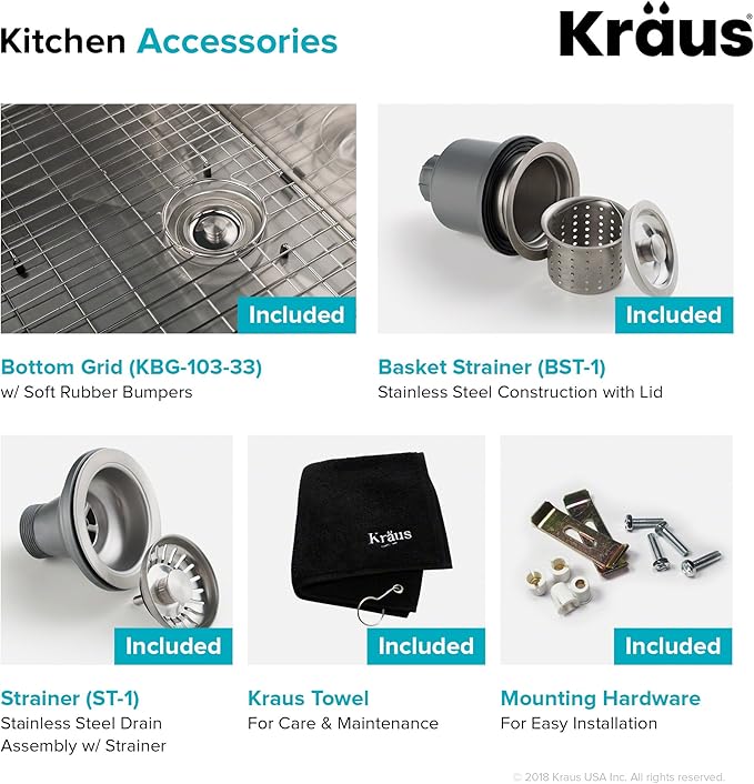 Kraus Kitchen Sinks Undermount - 33 Inch Stainless Steel Kitchen Sink, 60/40 Double Bowl, 16 Gauge, Model KHU103-33