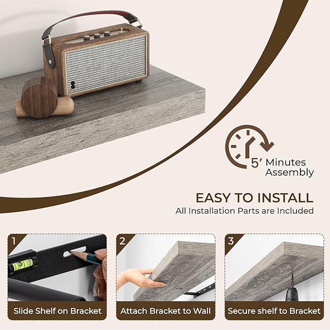 RICHFOCUS 55Inch Floating Shelves for Wall 1 Pack Shelves for Bedroom|Kitchen|Bathroom Wall Mounted Rustic Wood Floating Shelf with Invisible Brackets for Books|Storage|Decor, Grey