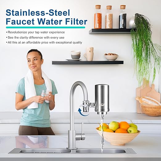 LCF 360° Rotating Stainless-Steel Faucet Water Filter - High Flow, Mineral-Enhanced Tap Water Filter, Reduces Chlorine, Heavy Metals and Bad Taste, Easy Install, 320 Gallons, Kitchen Sink Ideal