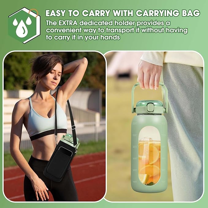 Glass Water Bottles 64 oz - Large Half Gallon Motivational Water Bottle with Time Marker Straw Phone Holder Handle, 64oz Daily Water Intake Jug with Silicone Sleeve for Office Work Gym Aqua