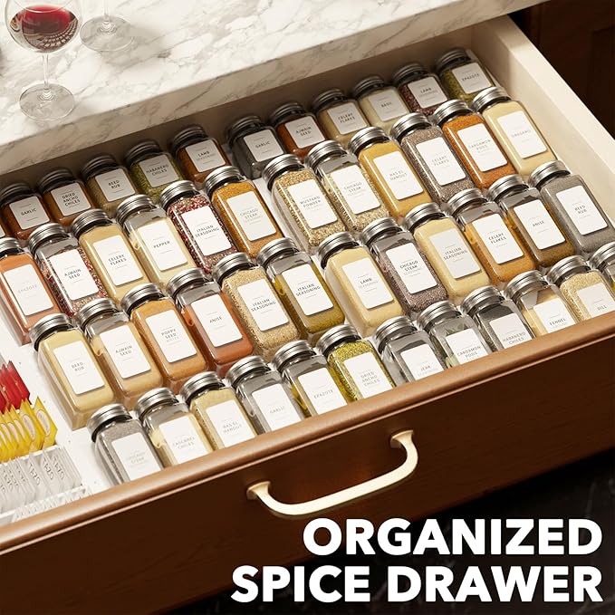 SpaceAid Bamboo White Spice Drawer Organizer, (Need 3" Deep Drawer) Expandable 4 Tier Spices Rack for Cabinet, Kitchen Seasoning Storage Insert (Jars Not Included, From 12" to 23" Wide)