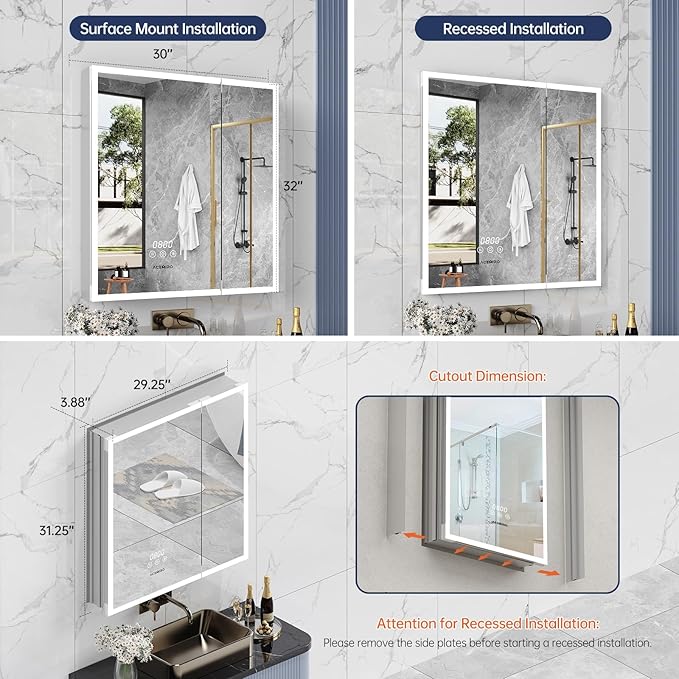 30"×32" Lighted Medicine Cabinet Mirror, Recessed Bathroom Mirror Cabinet with Lights, Defogger, Dimmer, Clock, Built-in Outlet & USB Ports, Wall-Mounted LED Bathroom Mirror, Double Door