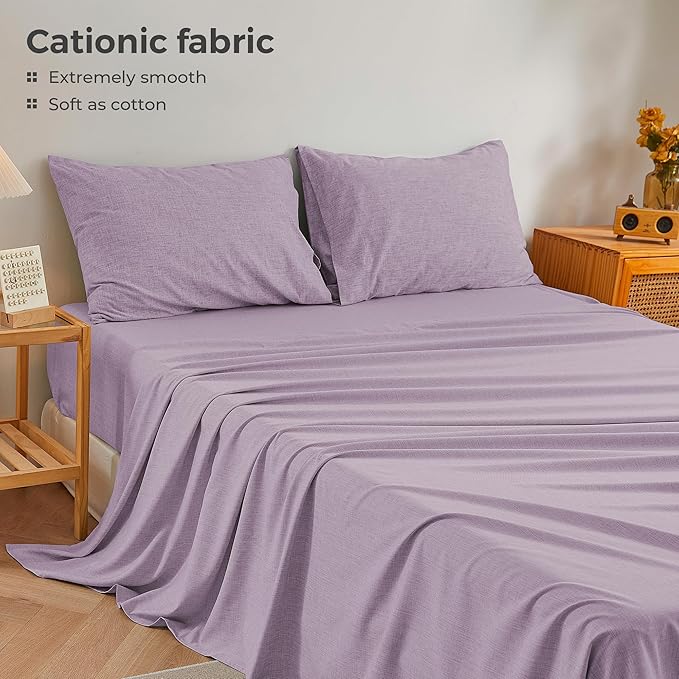 Full Sheets Purple, Ultral Soft Cationic Linen Look Sheets, Luxury Cooling Cozy Bed Sheet Set with Non-Slip Fitted Sheet