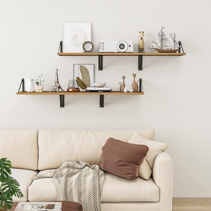 Heimlove Deep Floating Shelves for Wall, 12 Inch Deep Floating Shelves Set of 3, 16W x 12D Wood Wall Shelves, Wide Wood Shelves with Metal Bracket for Living Room, Kitchen, Office, Bedroom - Oak