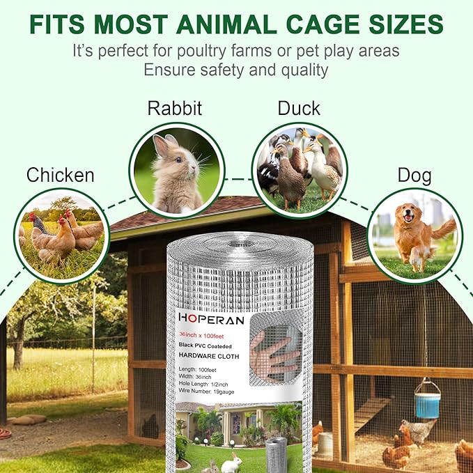 HOPERAN Hardware Cloth 1/2 Inch 36 x 100 ft - 19 Gauge Chicken Wire Fencing, Galvanized Wire Mesh Roll, Welded Wire Fence, Chicken Coop Wire Fence Gopher Wire Rabbit Wire Poultry Netting Cage