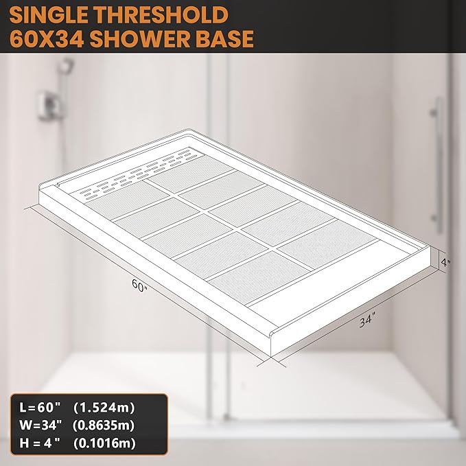 Shower Base Pan in White Left Linear Drainer, Rectangular Shower Base 60"×34"×4" with Non-Slip Floor Panel and Stainless Steel Shower Drain Cover