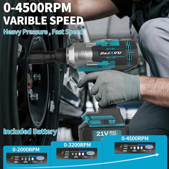 Cordless Impact Wrench 3/4 inch, Impact Wrench 1400Ft-lbs Brushless Impact Gun, 4500RPM Impact Gun, Two 4.0Ah Li-ion battery with fast charger, 6 Impact sockets,1 Extension Bar,3/4 to 1/2 adapter