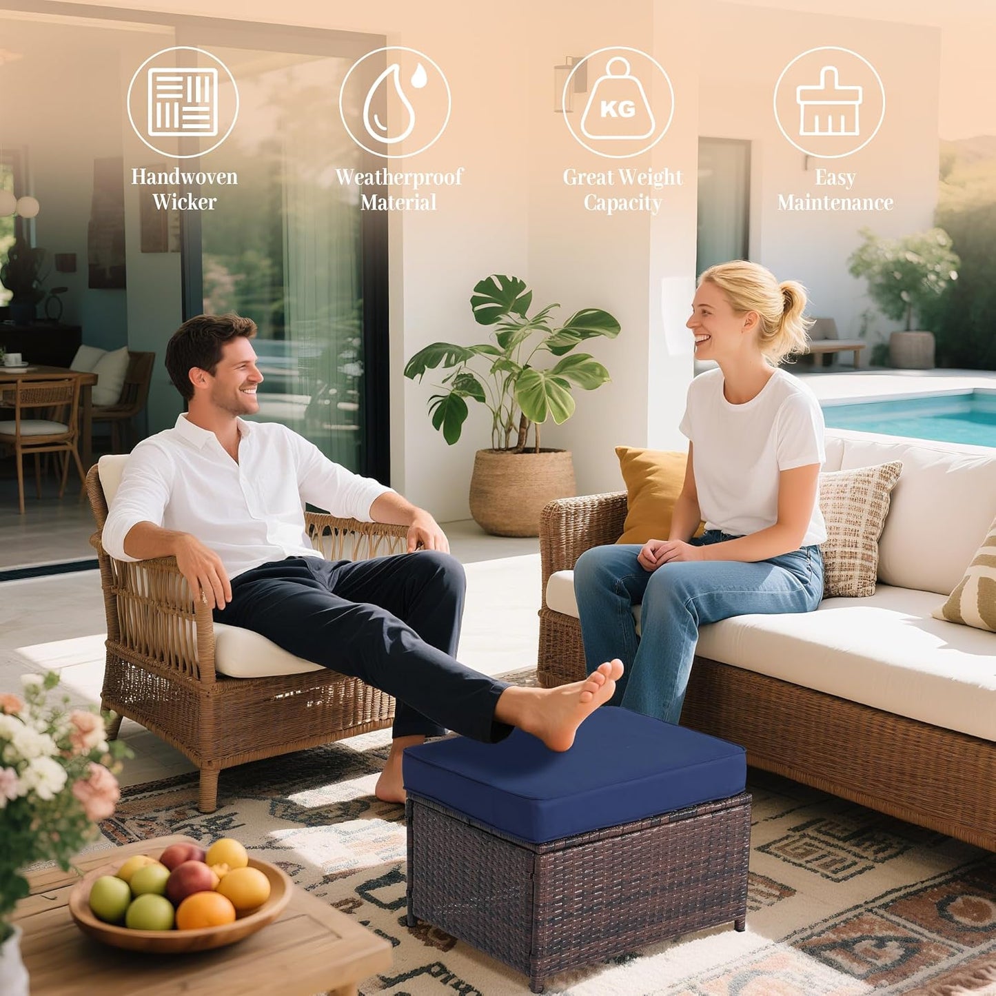 Outdoor Ottoman Rattan Footstool - Patio Ottomans with Removable Cushion, All-Weather PE Wicker & Steel Frame for Poolside, Garden Outdoor Furniture,23.6 x 21.7 x 17.8 inches, Brown