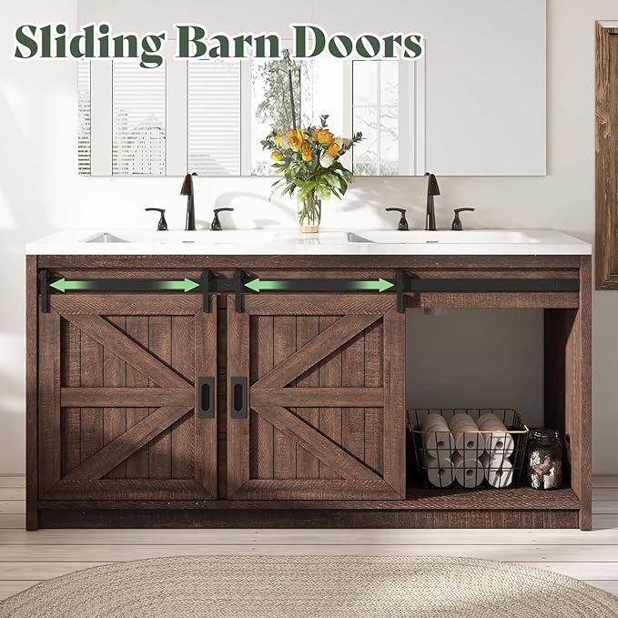 60" Farmhouse Bathroom Double Vanity Sliding Barn Door with Sink Combo, Freestanding, Bathroom Vanity Cabinet with Drawers & Metal Handles, Reclaimed Barnwood