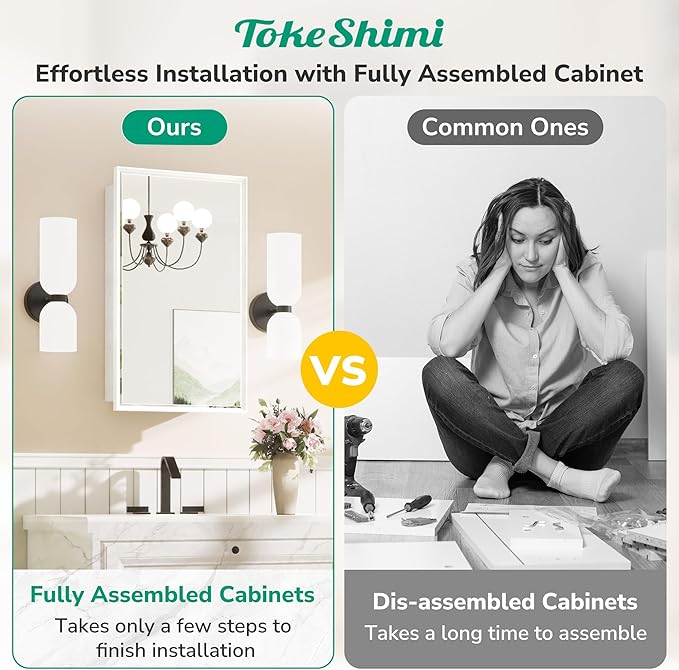 TokeShimi 21x27 Recessed Medicine Cabinet with Mirror, White Bathroom Medicine Cabinet with Mirror, Bathroom Beveled Mirror with Storage, Aluminum Frame, Stepless Adjustable Shelves