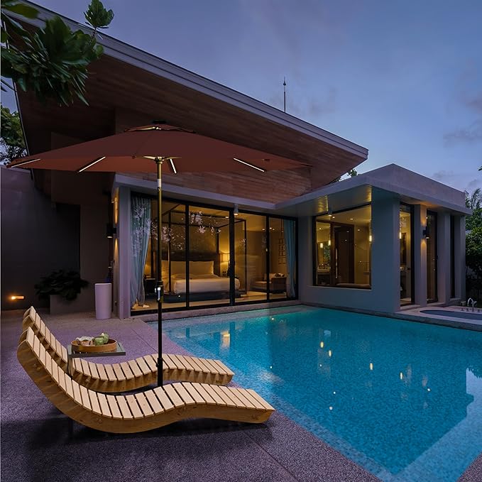 Midtown Umbrellas The LED Swilt 10 Feet Patio Umbrella With Sunbrella Burgundy Acrylic Fabric - Auto-Tilt Aluminum Frame With LED Lights For Backyard, Deck, Garden, Pool - Black Pole