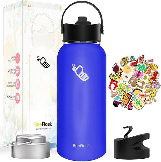 Sports Water Bottle - 32 Oz, 3 Lids (With straw), 50 Cute Stickers, Vacuum Insulated, 308 Stainless Steel, with a Portion of Sales Supporting Bee Conservation Efforts (Blue)