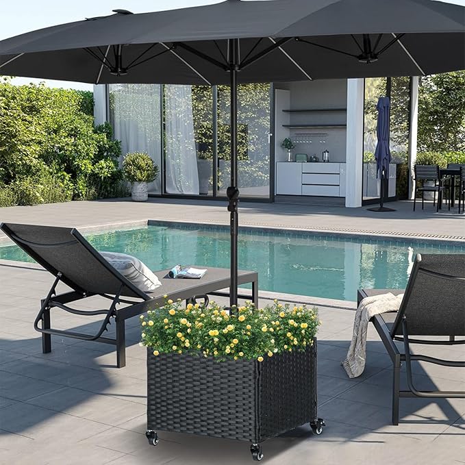 LEWIS&WAYNE Outdoor Umbrella Base with Fillable Planter Box Heavy Duty Patio Umbrella Stand with 4 Wheels Rolling Umbrella Holder for Outdoor Patio Deck Garden