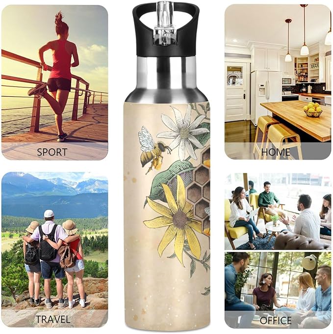 ALAZA Honey Bee Retro Floral Water Bottle With Straw Lids Boys Girls,Vacuum Insulated Leakproof Stainless-Steel Sports Bottle Thermal Flask For Gym Yoga Camping,20Oz (600Ml)