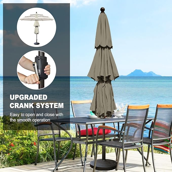 Eurmax USA 10-Year-Non-Fading 10Ft 3 Tiers Market Umbrella Outdoor Patio Umbrella Table Umbrella with 8 Ribs,Hand Crank and Ventilation (Taupe)