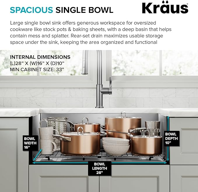 KRAUS Standart Pro 30 -inch Undermount Single Bowl 16 Gauge Stainless Steel Kitchen Sink, KHU100-30