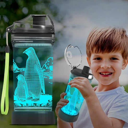 Ammonite Kids Penguin Water Bottle with 3D Glowing LED Light - 14 OZ Tritan BPA Free - Creative Ideal Travel Cup Gift for School Kid Boy Child Holiday Camping Picnic