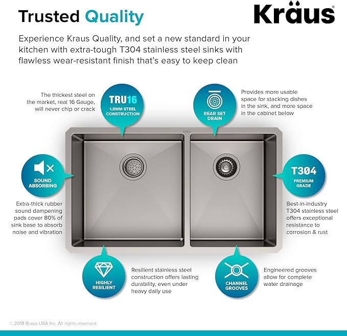 Kraus Kitchen Sinks Undermount - 33 Inch Stainless Steel Kitchen Sink, 60/40 Double Bowl, 16 Gauge, Model KHU103-33