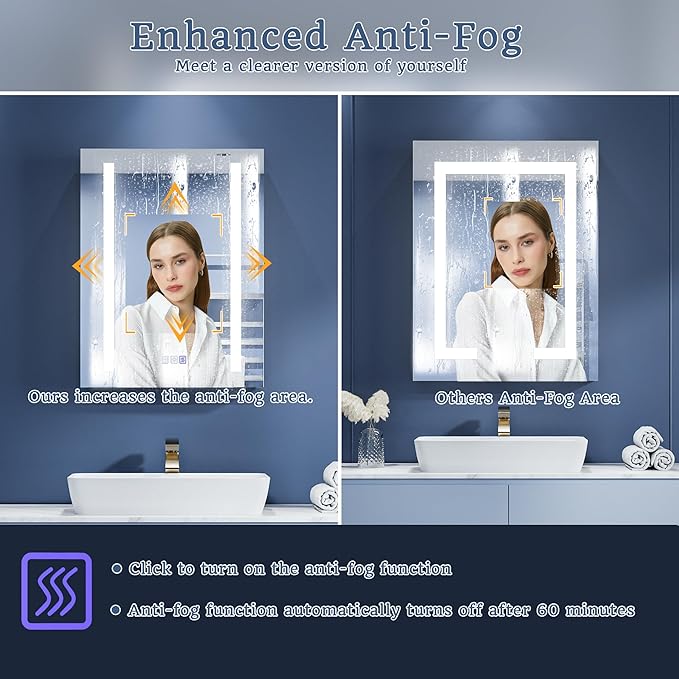 ExBrite LED Lighted Bathroom Medicine Cabinet with Mirror, 20 x 26 Inch, Recessed or Surface Mount, Anti-Fog, Stepless Dimming, Color Temperature Adjustment, 2 Outlets, Storage Shelves, Right Hinge