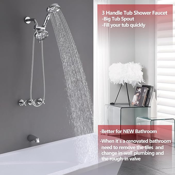 3 Handle Tub Shower Faucet Set Bathtub Shower Faucet With Tub Spout Chrome Tub and Shower Trim Kit with Valve