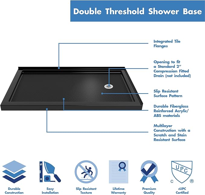 DreamLine SlimLine 36 in. D x 54 in. W x 2 3/4 in. H Right Drain Double Threshold Shower Base in Black, DLT-1036542-88