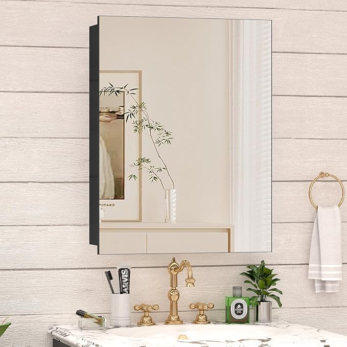 24 x 32 Farmhouse Medicine Cabinet for Bathroom, Black Bathroom Mirror with Storage, Tempered Glass, Frameless Recessed or Wall Mount Aluminum Medicine Cabinet - Pre-Assembled