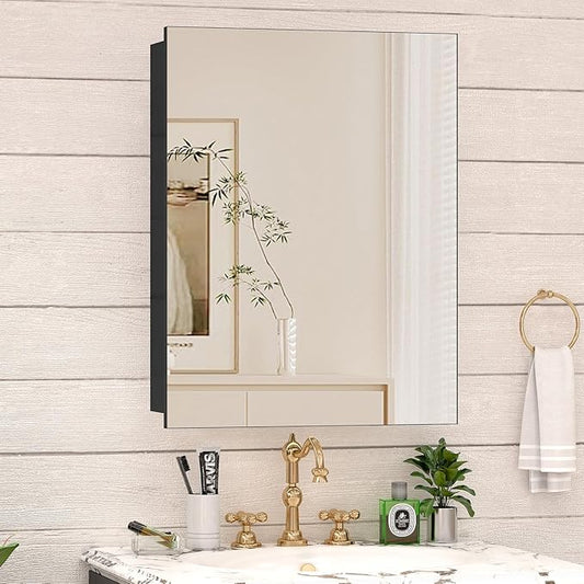 24 x 32 Farmhouse Medicine Cabinet for Bathroom, Black Bathroom Mirror with Storage, Tempered Glass, Frameless Recessed or Wall Mount Aluminum Medicine Cabinet - Pre-Assembled