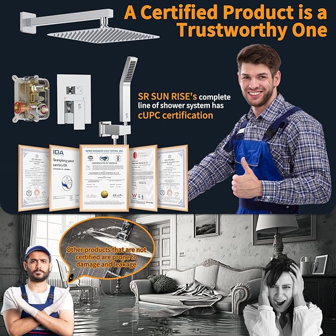 SR SUN RISE SRSH-F5043 Bathroom Luxury Rain Mixer Combo Set Wall Mounted Rainfall Shower Head System Polished Chrome, (Contain Faucet Rough-in Valve Body and Trim)