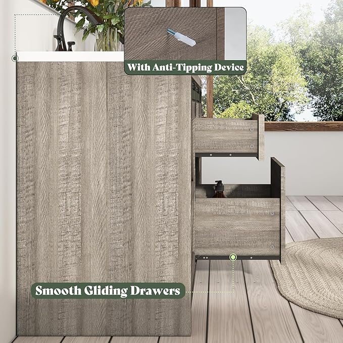 60" Farmhouse Bathroom Double Vanity Sliding Barn Door with Sink Combo, Bathroom Vanity Cabinet with Drawers & Metal Handles, Freestanding, Gray