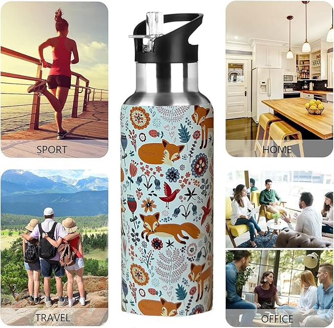 Cute Fox Animal Sport Water Bottle with Straw, Vacuum Insulated Stainless Steel Thermal Drinking Travel Mug Cups For Gym Fitness Camping-20oz/600ml, Orange