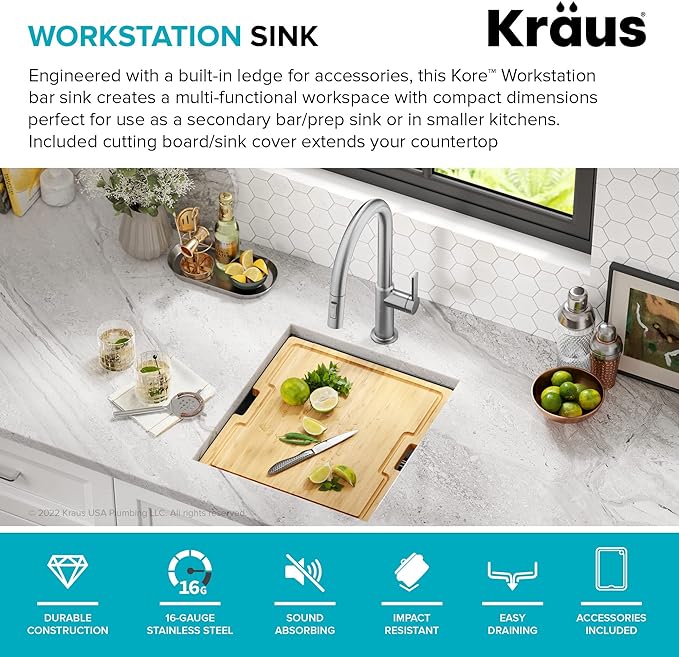 KRAUS Kore 17 Inch Undermount Workstation 16 Gauge Stainless Steel Single Bowl Kitchen Bar Sink n PVD Gunmetal Finish with Accessories, KWU1101-17-PGM