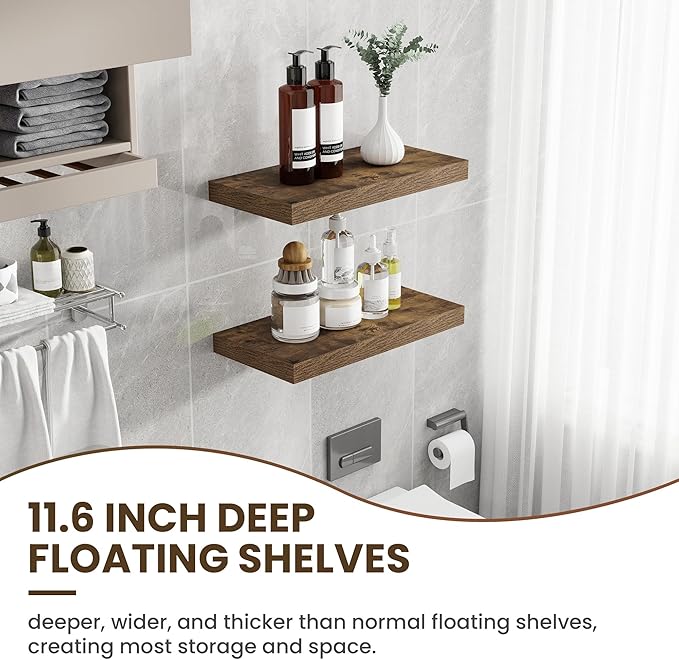 24 Inch Floating Shelves, 11.6 Inch Deep Floating Shelves for Wall, Floating Shelf with Invisible Brackets, Deep Shelves for Bathroom, Bedroom, Living Room, 2 Pack, Brown
