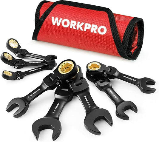 WORKPRO 8-Piece Stubby Anti-slip Ratcheting Combination Wrench Set, SAE 5/16-3/4 in, 72-Teeth, CRV, Black Electrophoretic Coating, Flex-Head Wrench Set with Rolling Pouch