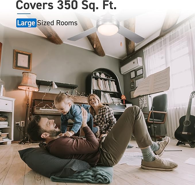 COMMERCIAL COOL 52” Modern Ceiling Fan with Lights, Cools up to 350 Sq. Ft., Perfect for Large Rooms, Featuring 3 Air Flow Speeds with Dual Chain, 4 Plywood Blades in Silver