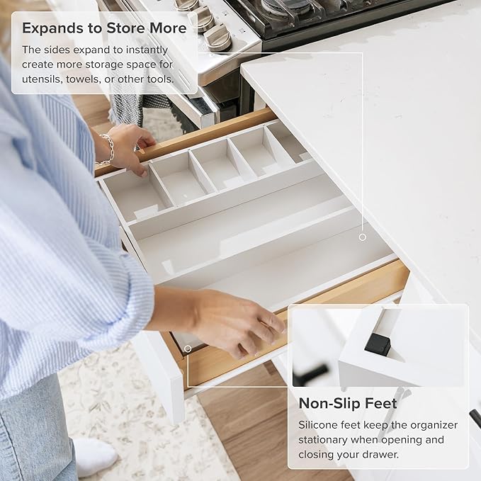 KitchenEdge Adjustable Kitchen Drawer Organizer for Utensils and Junk, Food-Safe Contract Grade with 100% Sustainable Wood, Expandable from 10.5 to 19 Inches Wide - White Bamboo