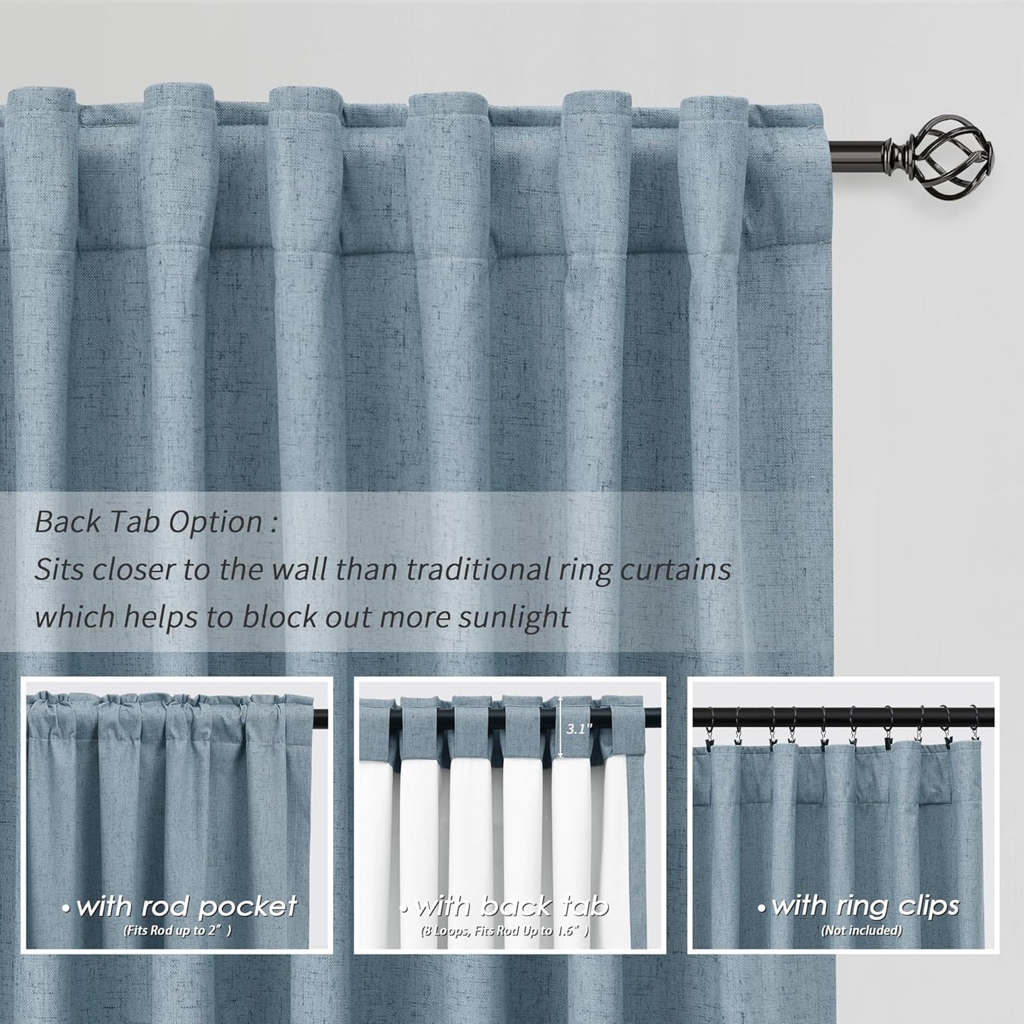 BOODII Room Darkening Curtains 96 Inches Long for Living Room Back Tab Blue Blackout Curtains Neutral Aesthetic Linen Textured Thermal Insulated Black Out Curtain Light Blocking Drapes Nursery 52x96