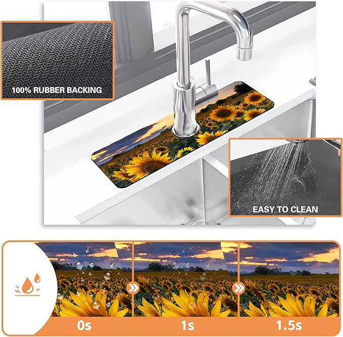 Kitchen Sink Splash Guard Faucet Mat Sunflowers Blooming at Sunset Sink Splash Guard Behind Faucet,1 PC Soft Diatom Mud Non-Slip Mat-for Kitchen,Dish Drying Mat,Bathroom Faucet Mat 15.5"X5.5"
